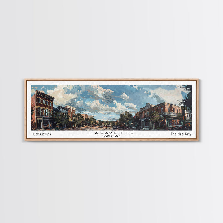 Lafayette Louisiana Panoramic Watercolor Cityscape, Framed Canvas Print for Living Room, Office Wall Art, Urban Decor, Travel Poster