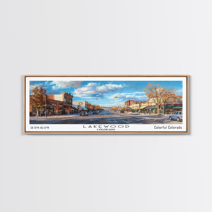 Lakewood Colorado Panoramic Cityscape Wall Art, Watercolor Framed Canvas Print, Urban Painting for Living Room, Office Decor, Travel Poster