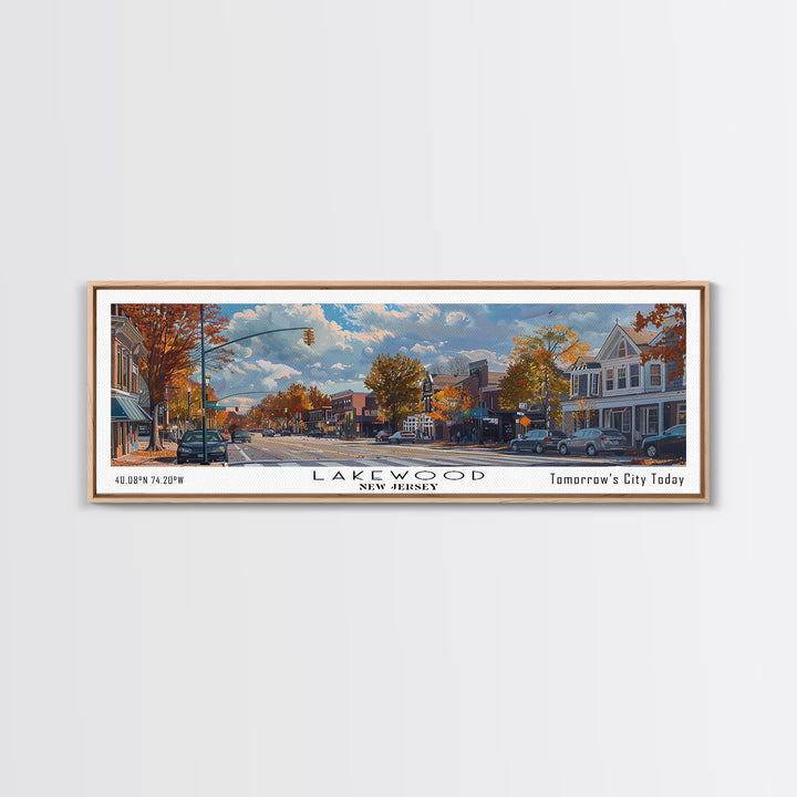 Lakewood New Jersey Panoramic Watercolor Cityscape, Framed Canvas Print for Living Room, Office Wall Art, Urban Decor, Travel Poster