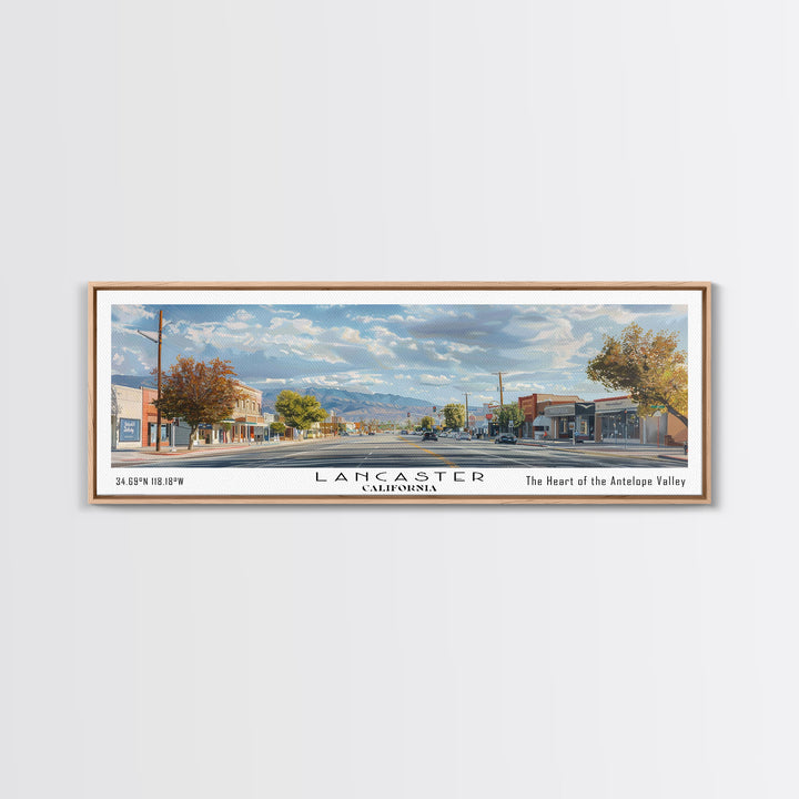 Lancaster California Panoramic Cityscape Painting, Framed Canvas Print, Urban Decor, Office Wall Art, Watercolor Travel Poster, Home Decoration