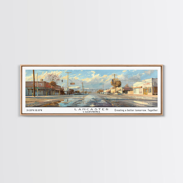 Lancaster California Panoramic Cityscape Wall Art, Watercolor Framed Canvas Print, Urban Painting for Living Room, Office Decor, Travel Poster