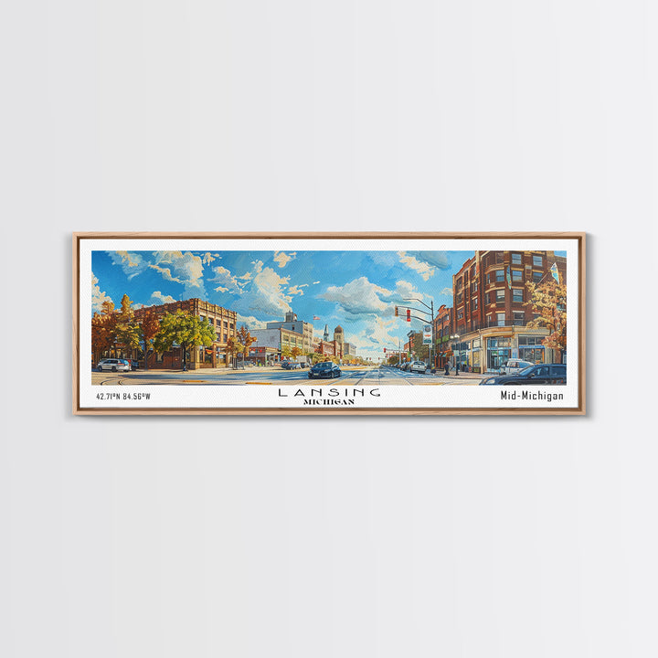 Lansing Michigan Panoramic Cityscape Wall Art, Watercolor Framed Canvas Print, Urban Painting for Living Room, Office Decor, Travel Poster