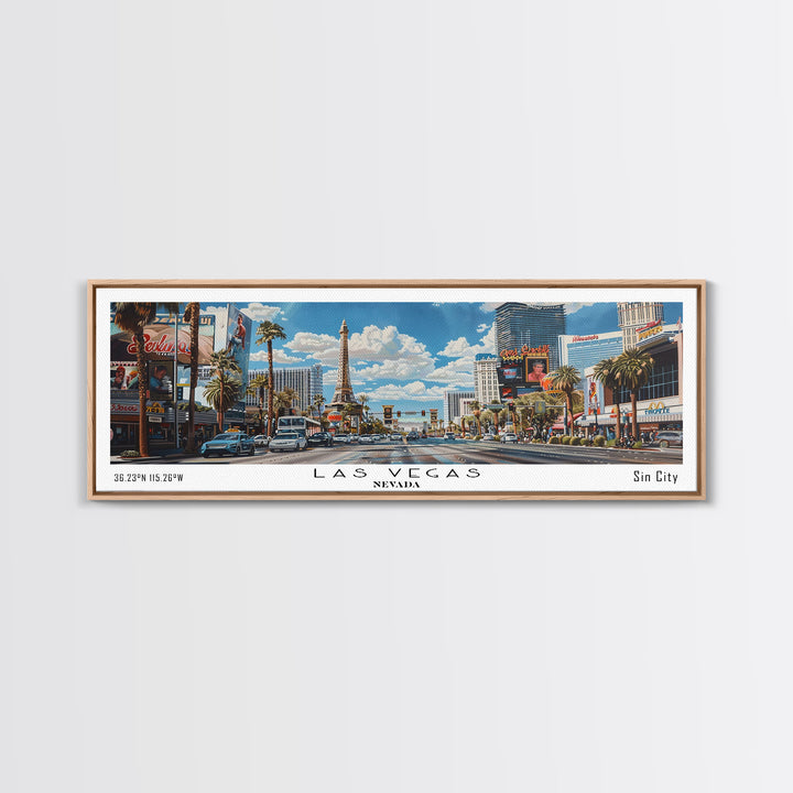Las Vegas Nevada Panoramic Watercolor Cityscape, Framed Canvas Print for Living Room, Office Wall Art, Urban Decor, Travel Poster