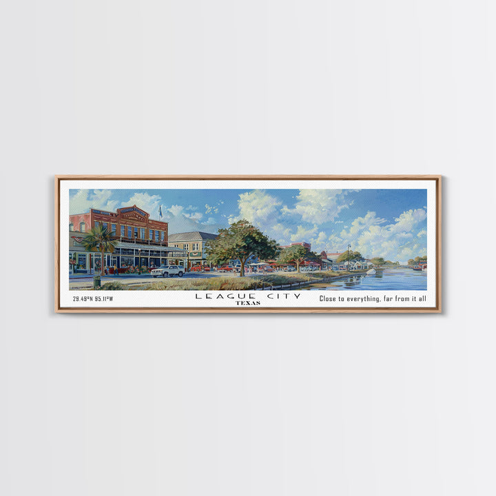 League City Texas Panoramic Watercolor Cityscape, Framed Canvas Print for Living Room, Office Wall Art, Urban Decor, Travel Poster