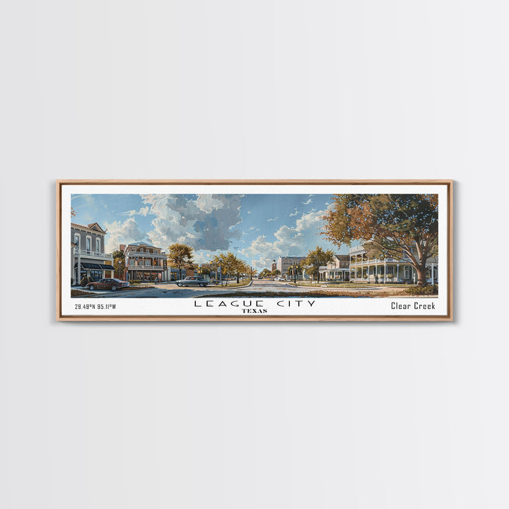 League City Texas Panoramic Cityscape Wall Art, Watercolor Framed Canvas Print, Urban Painting for Living Room, Office Decor, Travel Poster