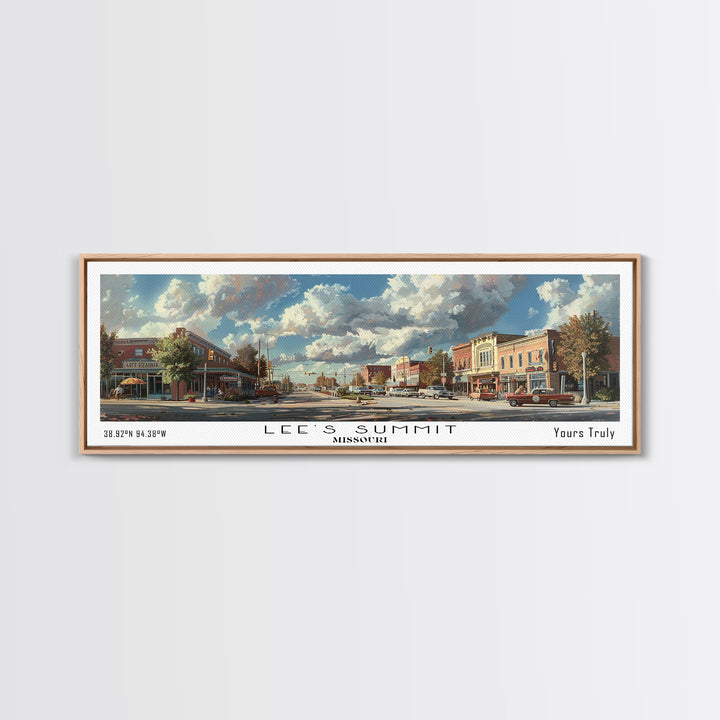 Lees Summit Missouri Panoramic Cityscape Wall Art, Watercolor Framed Canvas Print, Urban Painting for Living Room, Office Decor, Travel Poster