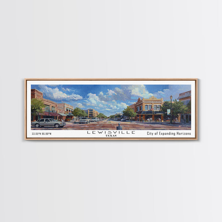 Lewisville Texas Panoramic Cityscape Painting, Framed Canvas Print, Urban Decor, Office Wall Art, Watercolor Travel Poster, Home Decoration