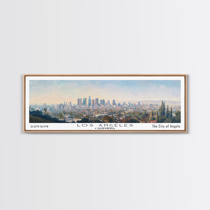 Los Angeles California Panoramic Cityscape Wall Art, Watercolor Framed Canvas Print, Urban Painting for Living Room, Office Decor, Travel Poster