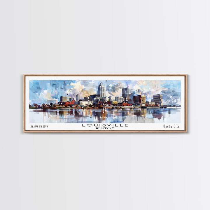 Louisville Kentucky Panoramic Cityscape Wall Art, Watercolor Framed Canvas Print, Urban Painting for Living Room, Office Decor, Travel Poster