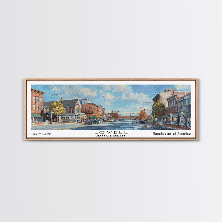 Lowell Massachusetts Panoramic Watercolor Cityscape, Framed Canvas Print for Living Room, Office Wall Art, Urban Decor, Travel Poster