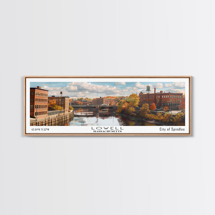 Lowell Massachusetts Panoramic Cityscape Wall Art, Watercolor Framed Canvas Print, Urban Painting for Living Room, Office Decor, Travel Poster