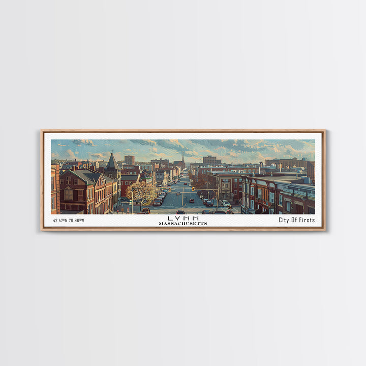 Lynn Massachusetts Panoramic Cityscape Wall Art, Watercolor Framed Canvas Print, Urban Painting for Living Room, Office Decor, Travel Poster