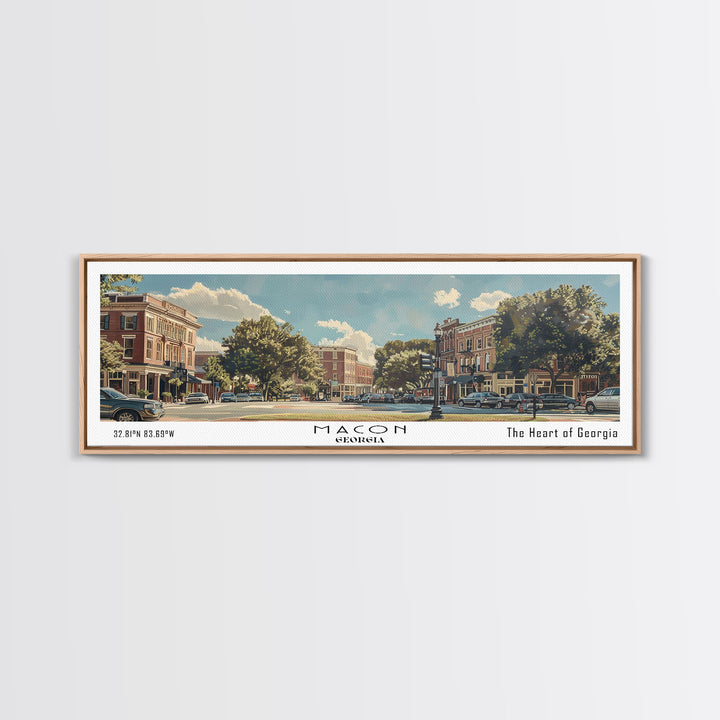 Macon Georgia Panoramic Watercolor Cityscape, Framed Canvas Print for Living Room, Office Wall Art, Urban Decor, Travel Poster