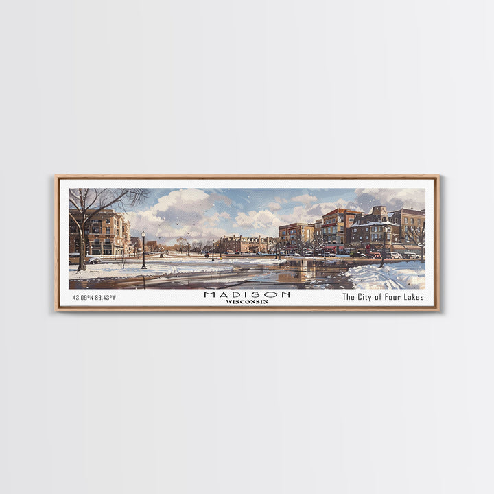Madison Wisconsin Panoramic Watercolor Cityscape, Framed Canvas Print for Living Room, Office Wall Art, Urban Decor, Travel Poster