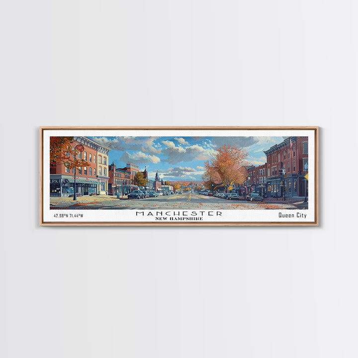 Manchester New Hampshire Panoramic Framed Canvas Print, Beautiful Watercolor Painting, City Wall Art, Office Decor, Living Room Art