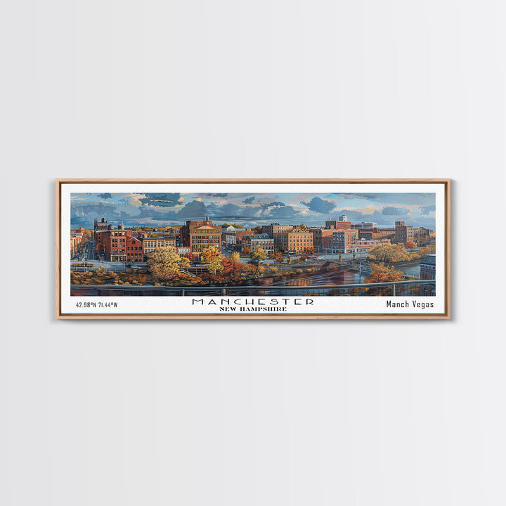 Manchester New Hampshire Panoramic Framed Canvas Print, Stunning Watercolor Painting, City Wall Art, Office Decor, Living Room Art