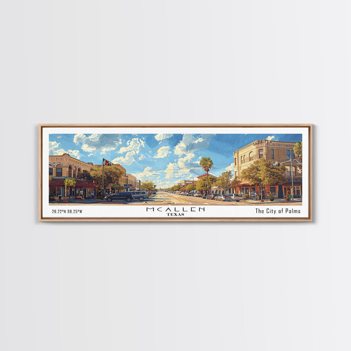 McAllen Texas Panoramic Framed Canvas Print, Watercolor Cityscape, Office Wall Art, Living Room Decor, Travel Poster, City Art, Home Decor