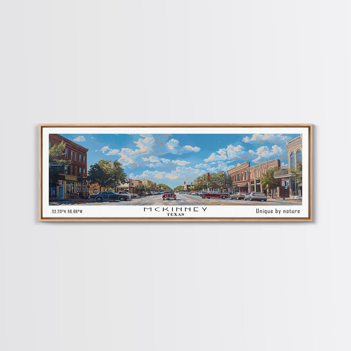 McKinney Texas Panoramic Framed Canvas Print, Beautiful Watercolor Art, Perfect Office Wall Decor, Living Room Art, Travel Poster, City Print