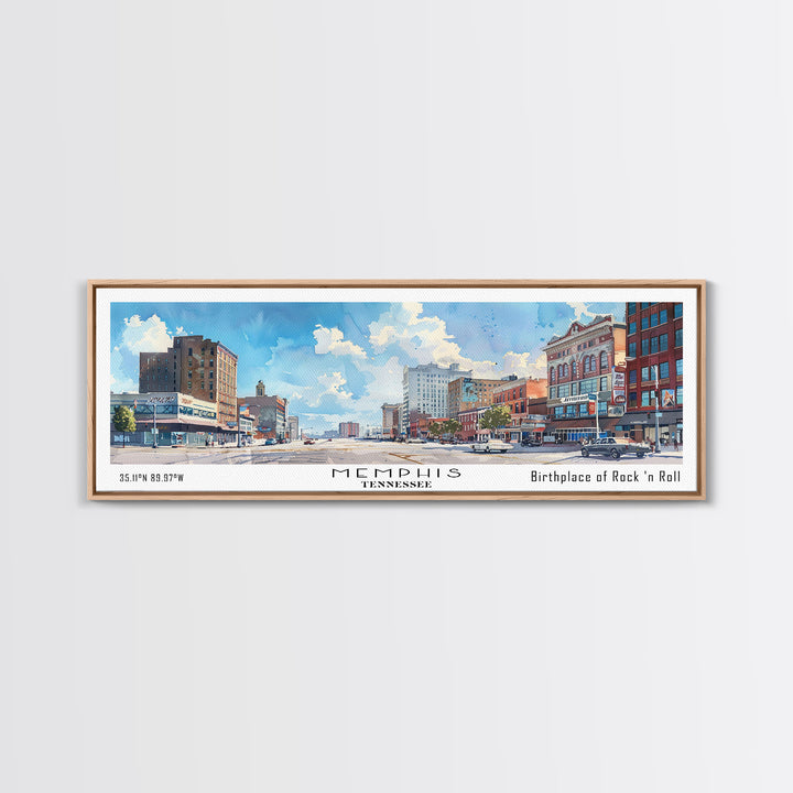 Memphis Tennessee Panoramic Framed Canvas Print, Stunning Watercolor City Art, Office Wall Decor, Travel Poster, Living Room Decor, Home Art