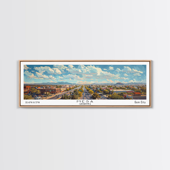 Mesa Arizona Panoramic Framed Canvas Print, Watercolor Cityscape, Perfect Office Wall Art, Travel Poster, Living Room Decor, City Wall Art