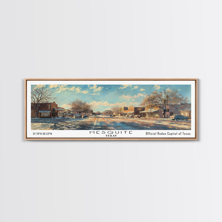 Mesquite Texas Panoramic Framed Canvas Print, Beautiful Watercolor Painting, Office Wall Art, Travel Poster, Living Room Decor, City Art