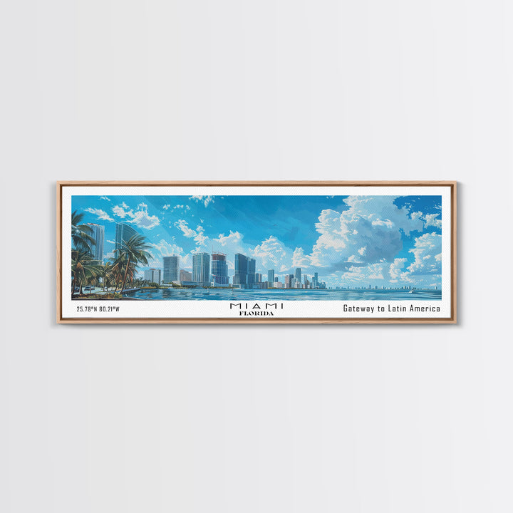 Miami Florida Panoramic Framed Canvas Print, Watercolor Painting, Office Wall Decor, Travel Poster, Home Decor, City Art, Gift Idea