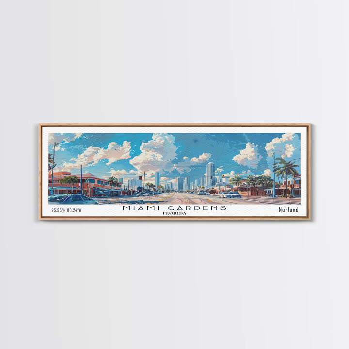Miami Gardens Florida Panoramic Framed Canvas Print, Beautiful Watercolor City Art, Office Wall Decor, Travel Poster, Living Room Decor