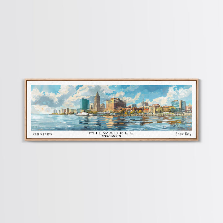 Milwaukee Wisconsin Panoramic Framed Canvas Print, Watercolor Cityscape, Perfect Office Wall Art, Travel Poster, Living Room Decor