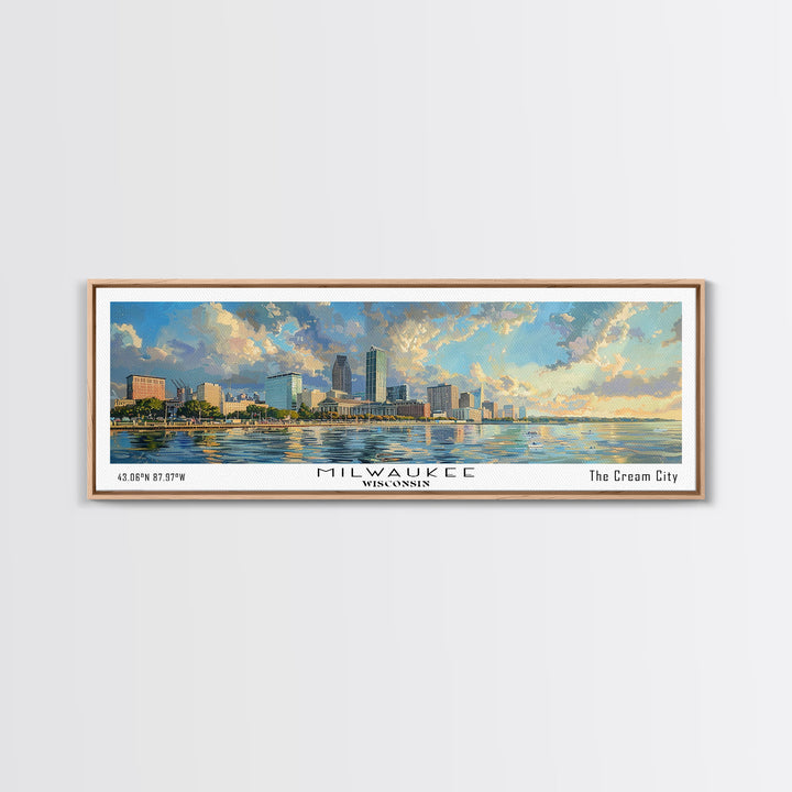 Milwaukee Wisconsin Panoramic Framed Canvas Print, Beautiful Watercolor Painting, Office Wall Art, Travel Poster, Home Decor, City Art