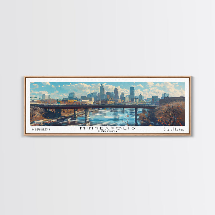 Minneapolis Minnesota Panoramic Framed Canvas Print, Stunning Watercolor City Art, Office Wall Decor, Travel Poster, Living Room Decor