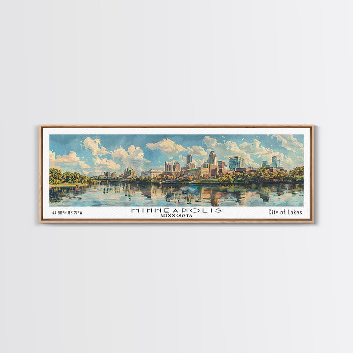 Minneapolis Minnesota Panoramic Framed Canvas Print, Watercolor Painting, Office Wall Art, Travel Poster, Home Decor, City Art