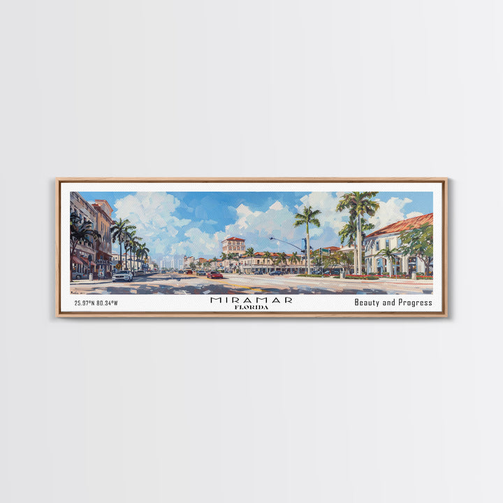 Miramar Florida Panoramic Framed Canvas Print, Beautiful Watercolor Cityscape, Office Wall Art, Travel Poster, Living Room Decor, City Art