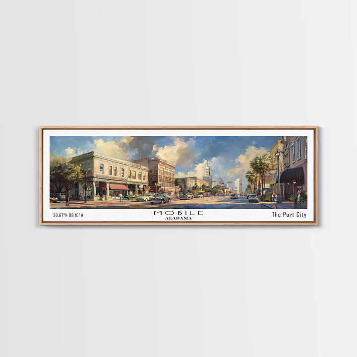 Mobile Alabama Panoramic Framed Canvas Print, Stunning Watercolor Painting, Office Wall Art, Travel Poster, Home Decor, City Art