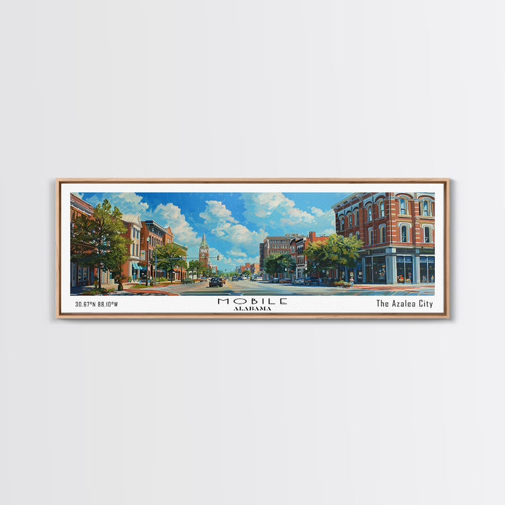 Mobile Alabama Panoramic Framed Canvas Print, Watercolor City Art, Office Wall Decor, Travel Poster, Living Room Decor, City Print