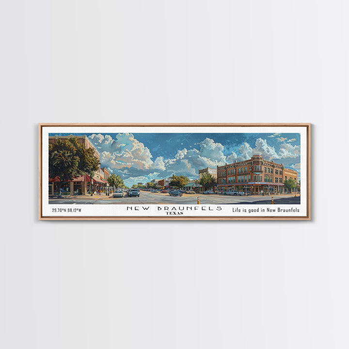 New Braunfels Texas Panoramic Framed Canvas Print, Watercolor City Art, Office Wall Decor, Travel Poster, Living Room Decor