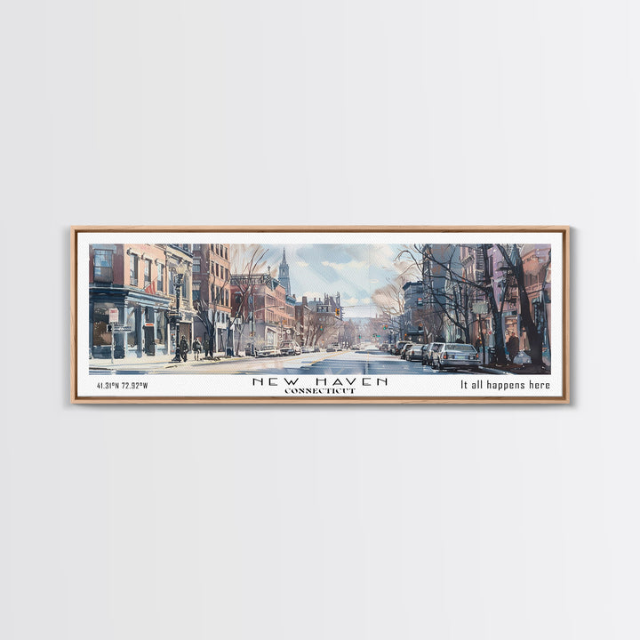 New Haven Connecticut Panoramic Framed Canvas Print, Stunning Watercolor Painting, Office Wall Art, Travel Poster, Home Decor