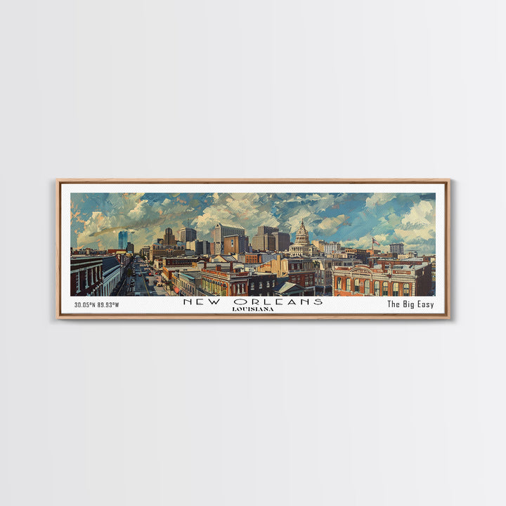 New Orleans Louisiana Panoramic Painting, Framed Canvas Print for Home Decor, Unique Watercolor Art, Travel Poster, Cityscape Gift Idea