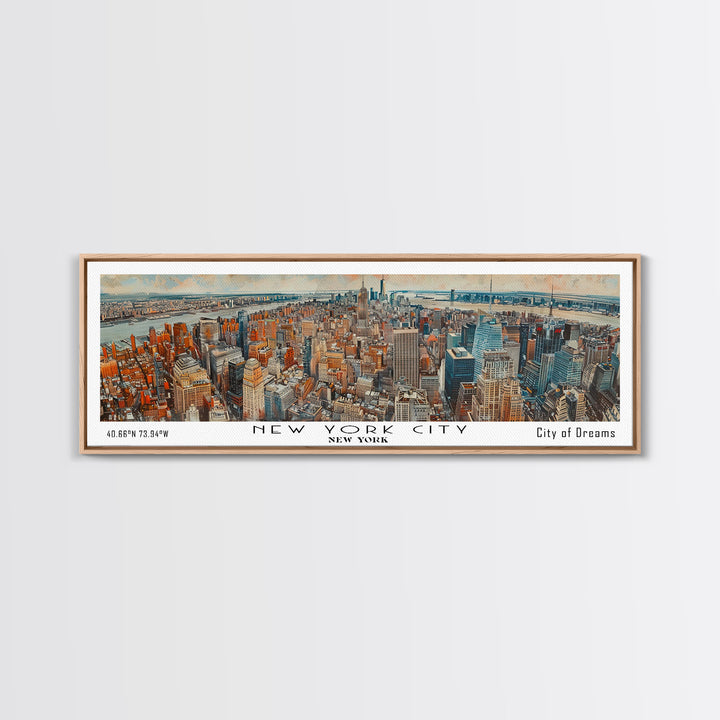New York New York Panoramic Framed Canvas Print, Watercolor Painting of Cityscape, Home Decor, Travel Poster, Gift Idea for Urban Art Lovers