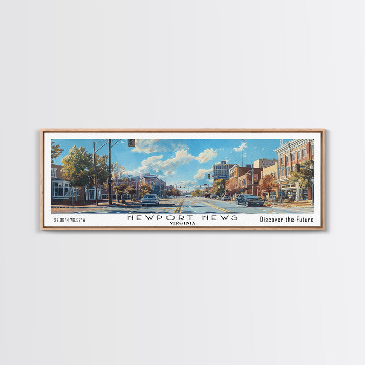 Newport News Virginia Panoramic Wall Art, Framed Canvas Print, Beautiful Cityscape Watercolor Painting, Travel Poster, Modern Home Decor
