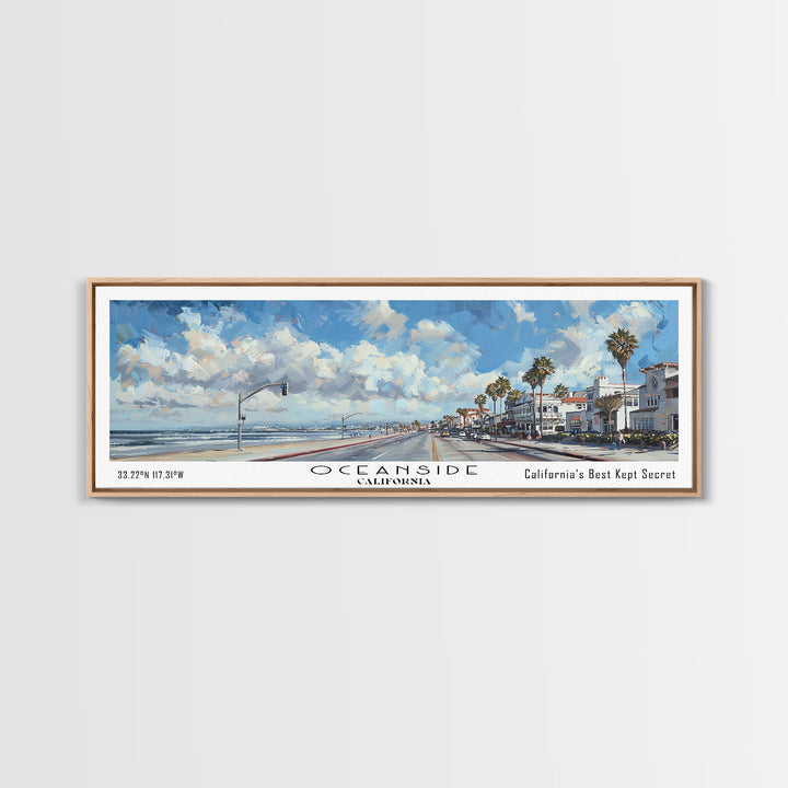Oceanside California Panoramic Framed Canvas Print, Watercolor Cityscape Art, Travel Poster, Home Decor, Urban Gift Idea, Living Room Art