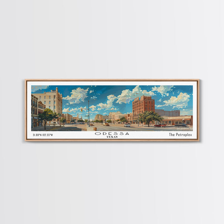 Odessa Texas Panoramic Painting, Framed Canvas Print for Home Decor, Beautiful Cityscape Watercolor Art, Travel Poster, Modern Gift Idea