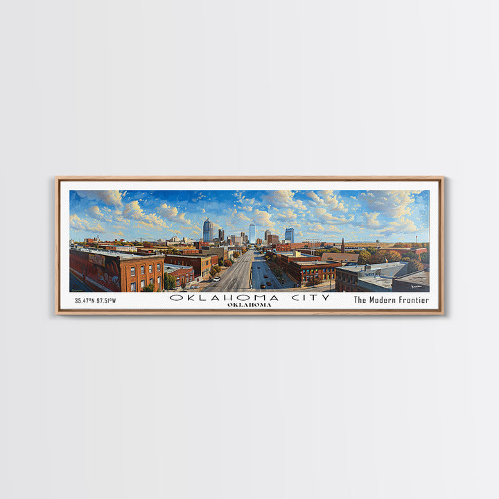 Oklahoma City Oklahoma Panoramic Framed Canvas Print, Cityscape Watercolor Painting, Travel Poster, Home Decor, Unique Gift Idea, Urban Art
