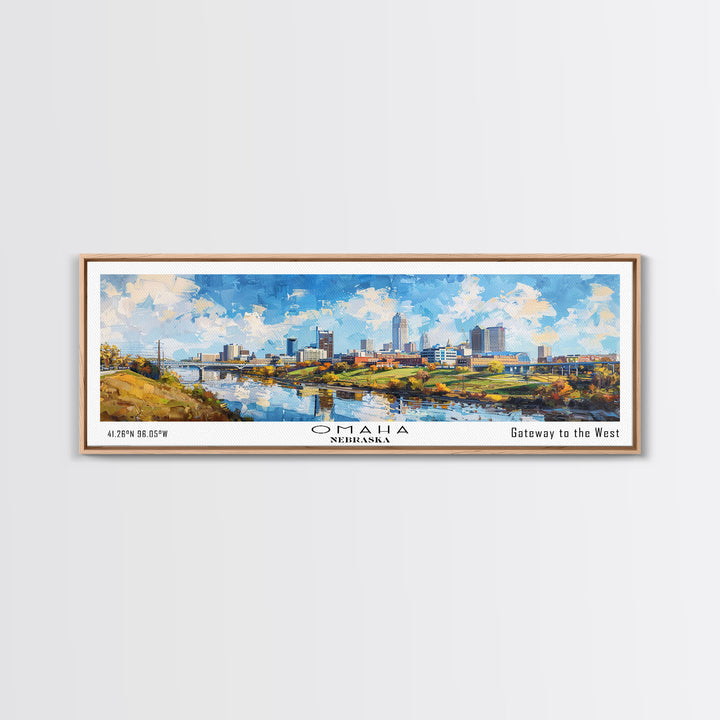 Omaha Nebraska Panoramic Framed Canvas Print, Cityscape Watercolor Painting, Travel Poster, Home Decor, Urban Gift Idea, Office Wall Art