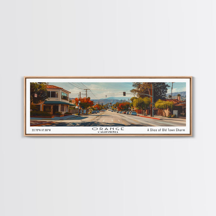 Orange California Panoramic Framed Canvas Print, Cityscape Watercolor Painting, Travel Poster for Home Decor, Urban Art, Unique Gift Idea