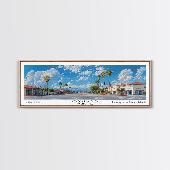 Oxnard California Panoramic Painting, Framed Canvas Print, Stunning Cityscape Watercolor Art, Travel Poster for Home Decor, Unique Gift Idea