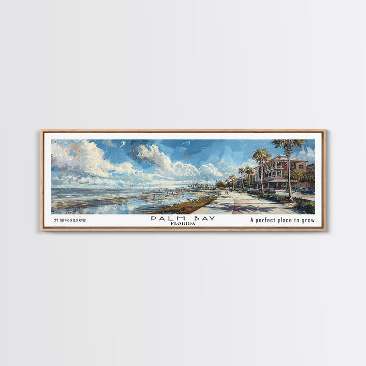 Palm Bay Florida Panoramic Framed Canvas Print, Watercolor Cityscape Art, Travel Poster, Home Decor, Urban Gift Idea, Living Room Art