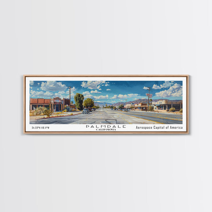Palmdale California Panoramic Framed Canvas Print, Cityscape Watercolor Painting, Travel Poster for Home Decor, Urban Art, Unique Gift Idea