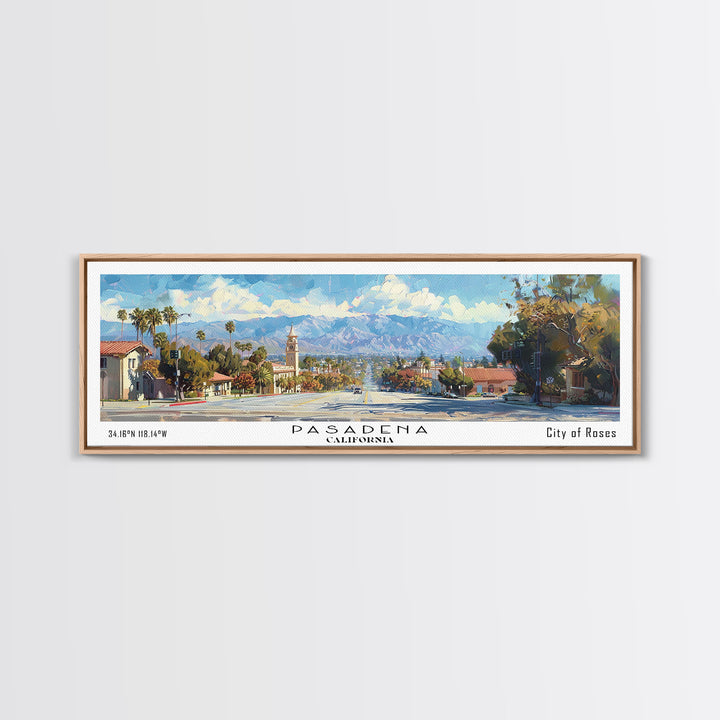 Pasadena California Panoramic Framed Canvas Print, Cityscape Watercolor Painting, Travel Poster, Home Decor, Urban Gift Idea, Office Wall Art