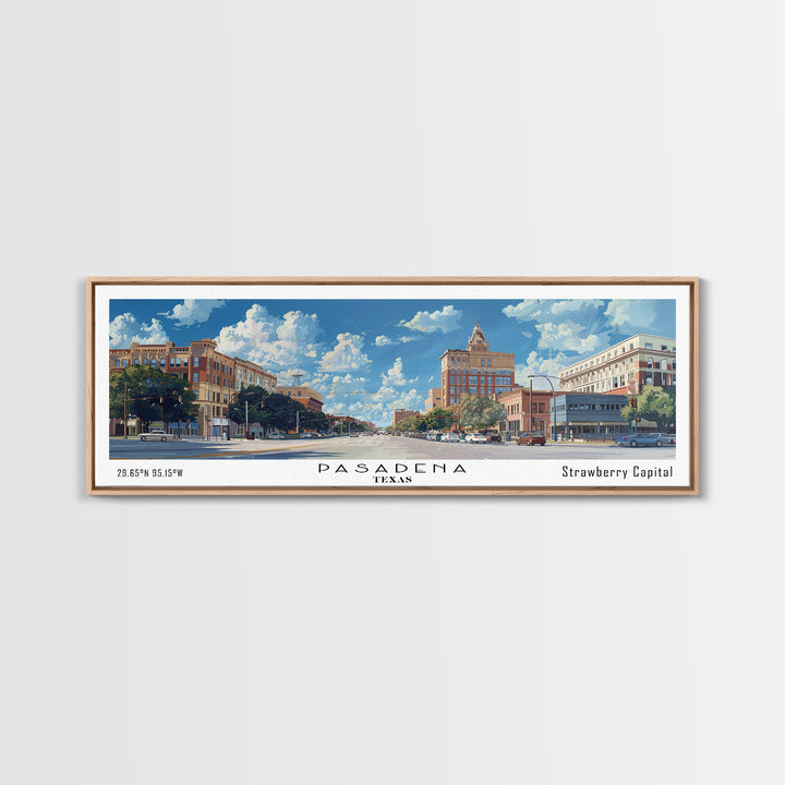 Pasadena Texas Panoramic Framed Canvas Print, Cityscape Watercolor Painting, Travel Poster, Modern Home Decor, Urban Gift Idea