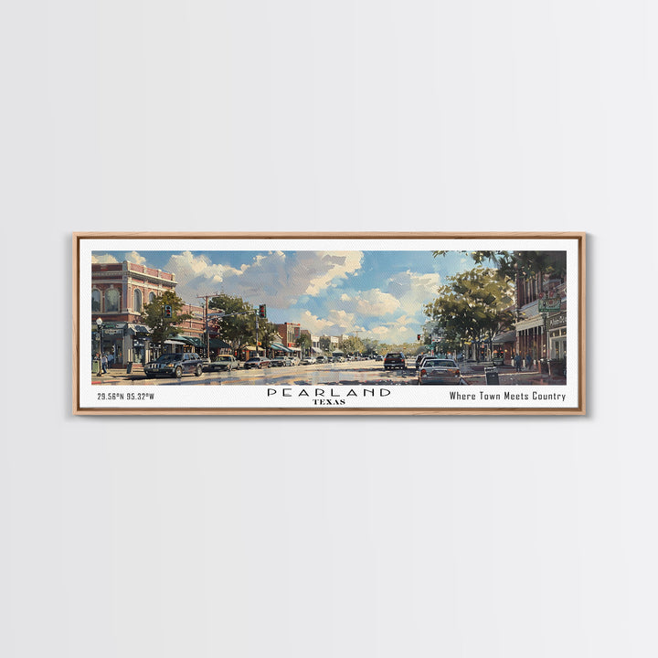 Pearland Texas Panoramic Framed Canvas Print, Cityscape Watercolor Painting, Travel Poster for Home Decor, Urban Art, Unique Gift Idea